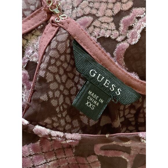 GUESS Womens Size XXS Sheer Sleeveless Mauve Velvet Trim Fringed Tank Top Shirt - Picture 9 of 9